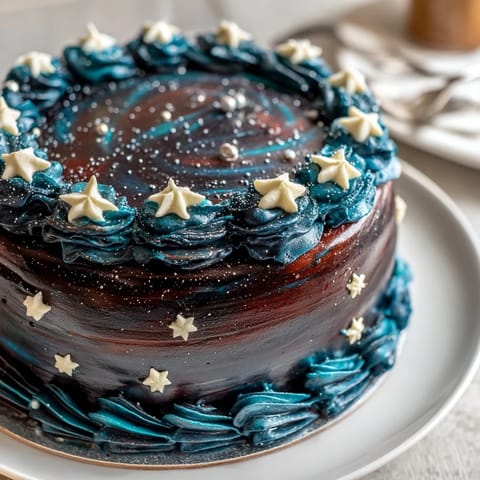 Eine atemberaubende Galaxie-Torte mit buttercremefarbenem Sternenhimmel und essbaren Sternen – perfekt für die Abschlussfeier.