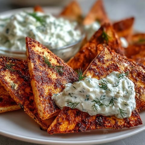 Knusprige, goldene Pita-Chips mit cremigem Tzatziki – perfekter erfrischender Snack für heiße Sommertage.