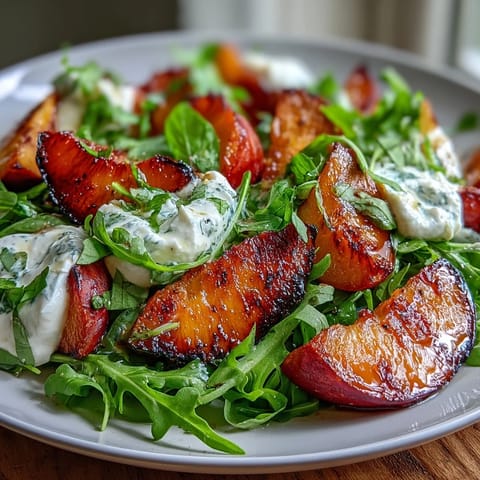 Ein farbenfroher Salat mit karamellisierten gegrillten Pfirsichen, cremiger Burrata und einem Honig-Drizzle – perfekt für den Sommer.
