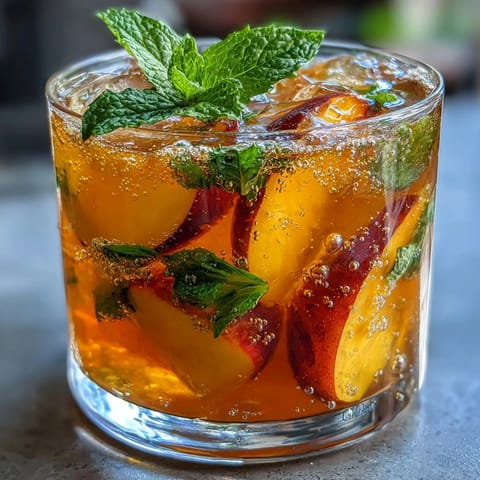 Mango-Pfirsich-Sprudeltee mit frischer Minze und Eiswürfeln