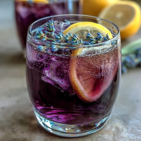 Leuchtende lila Lavendel-Limonade mit frischen Zitronenscheiben und Eiswürfeln.