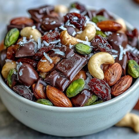 Hausgemachtes Müsli mit dunkler Schokolade, ein energiegeladener Snack für unterwegs.