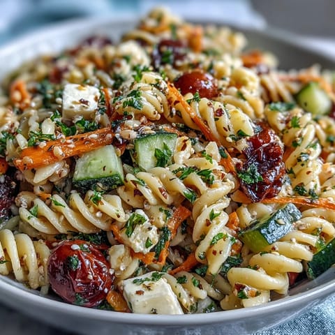 Lebendiger Nudelsalat zum Gedenktag mit italienischem Dressing und frischem Gemüse, perfekt für Sommerfeste.