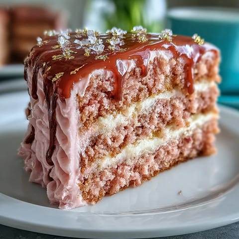 Rosé-Velvet-Kuchen mit goldener Glasur für die Brautparty: zartes Rosa, cremige Frischkäse-Decke und eleganter Goldtropfen.