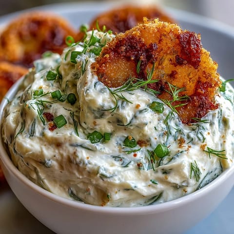 Creamy fried pickle dip with crispy garnishes, perfect for dipping.