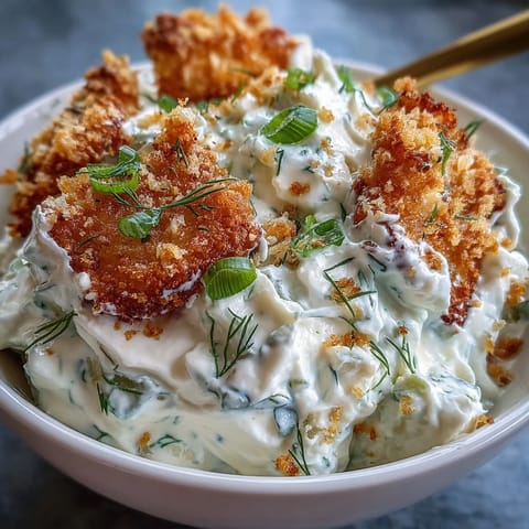 Tangy fried pickle dip crowned with golden pickle crisps, ready to serve.