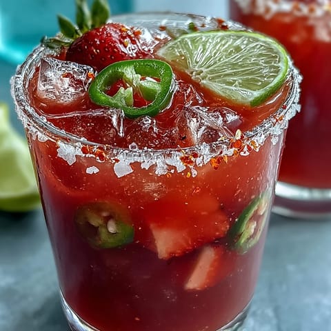 Erfrischender Strawberry Chili Limeade Mocktail, perfekt gekühlt mit einem Hauch von Chili.