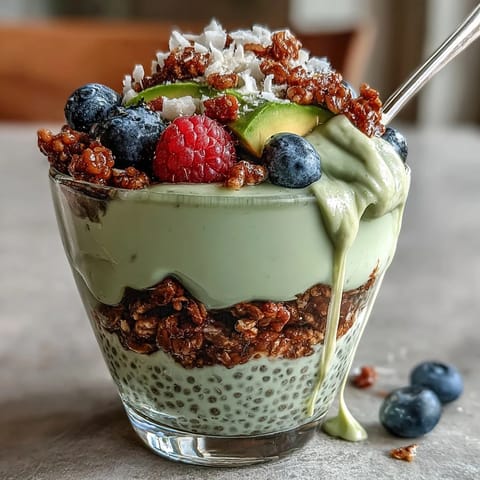Cremige Fiber-Rich Avocado Chia Pudding Parfait-Schichten mit Beeren und Granola.