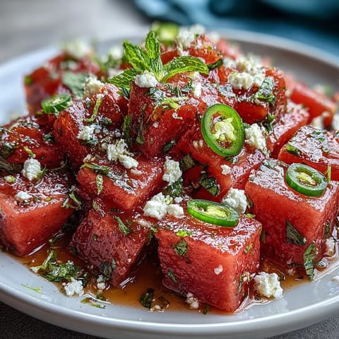 Saftiger Wassermelonensalat mit Limette, Chili und frischer Minze, perfekt für den Sommer.