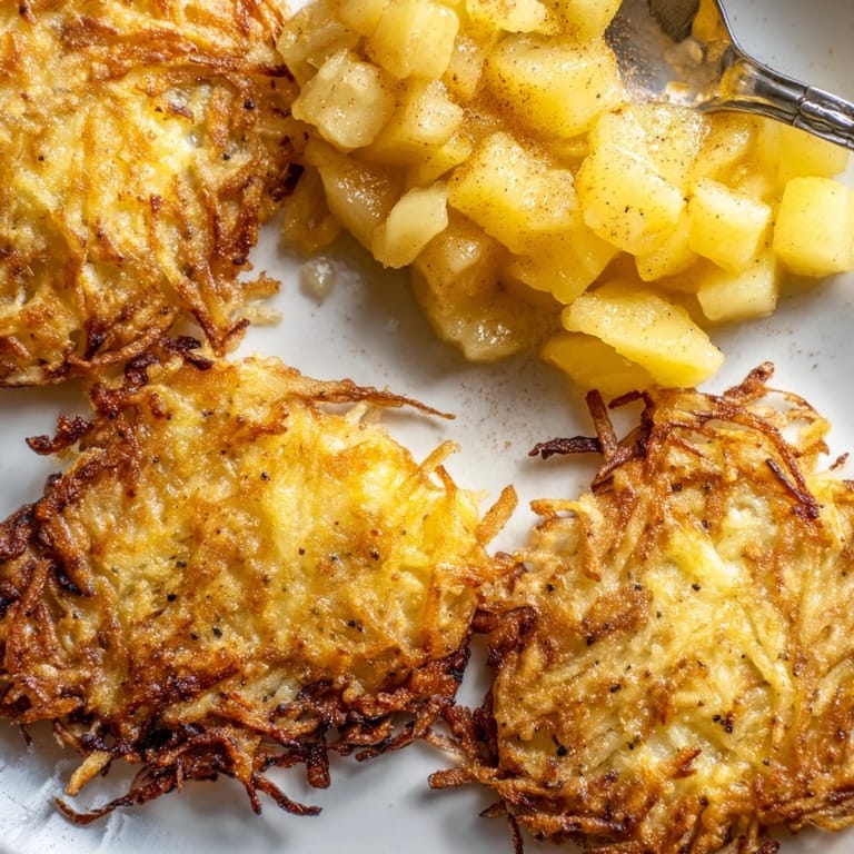 Close-up von German Potato Pancakes, serviert dampfend heiß mit Zimt-Apfelmus.