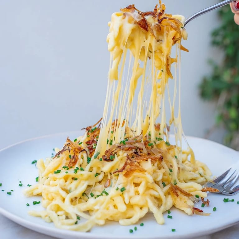 Hausgemachte Spätzle mit Käse, perfekt für eine gemütliche Mahlzeit oder Beilage.