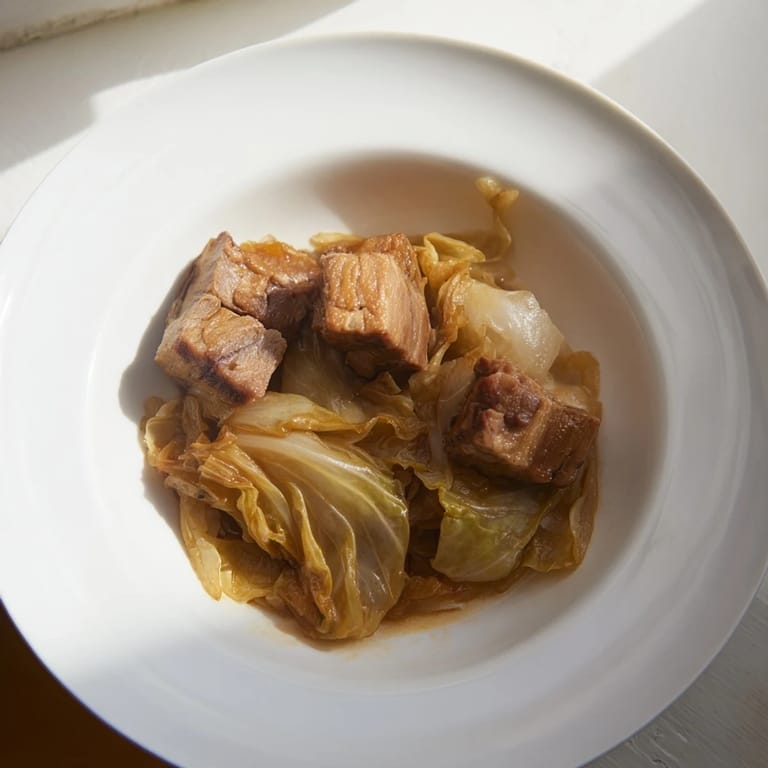 Golden, slow-cooked Sweet Cabbage and Pork Stew, with a side of crusty bread, ready to serve.