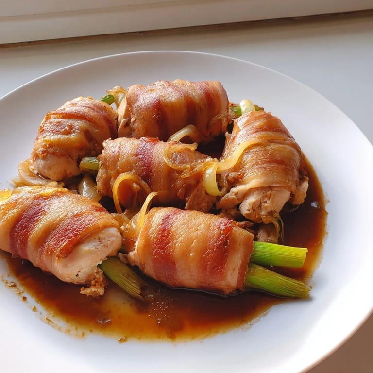 Close-up of succulent rolled Quick Chicken Rouladen Rolls, ready to be sliced and served with delicious sauce.