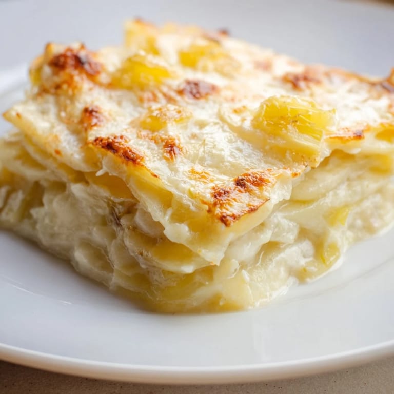 A close-up of a warm, cheesy Potato and Leek Oven Gratin, ready to be served.