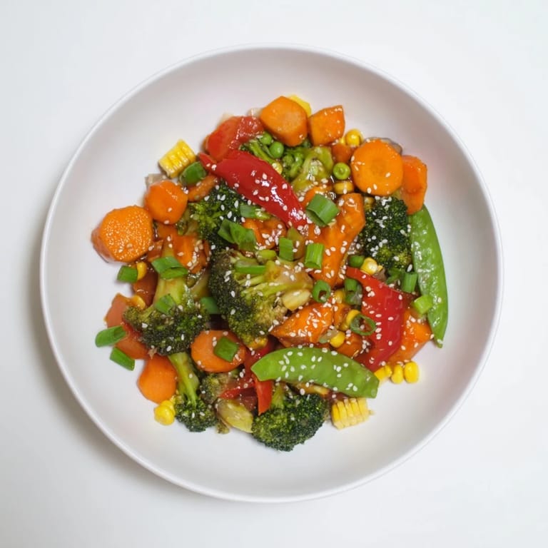 A flavorful bowl of Colorful Vegetable Stir-Fry, with a sprinkle of sesame seeds, ideal over rice or noodles.