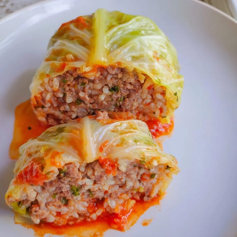 A close-up of delicious Easy Cabbage Rolls, showing perfect layers of meat and rice filling.
