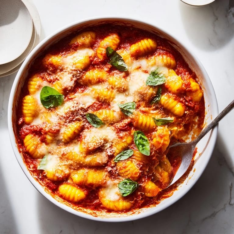 Close-up of baked potato gnocchi, the tender pasta with a rich tomato sauce topping.