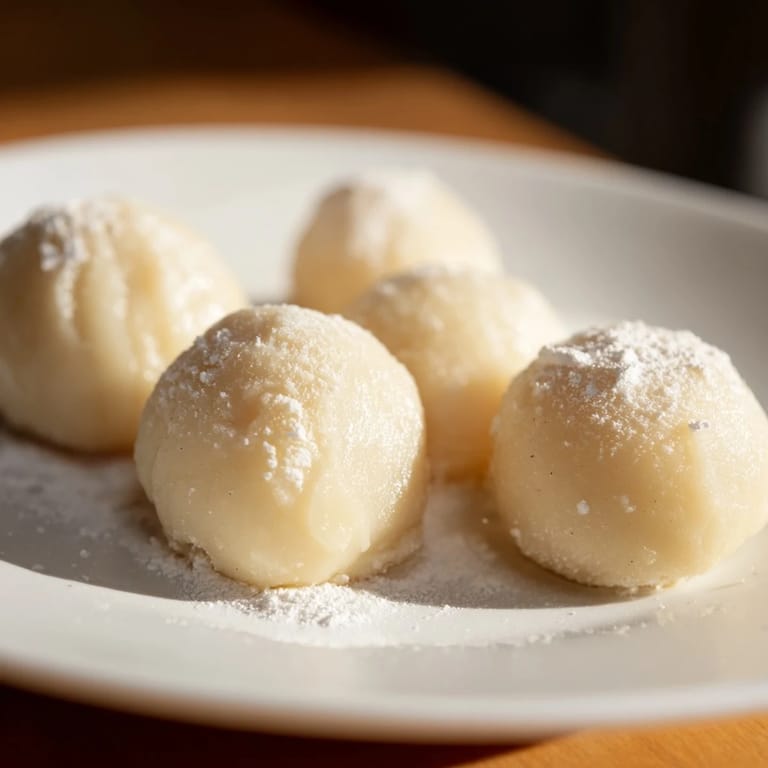 Classic, homemade potato dumplings, perfectly shaped and ready to be simmered in boiling water.