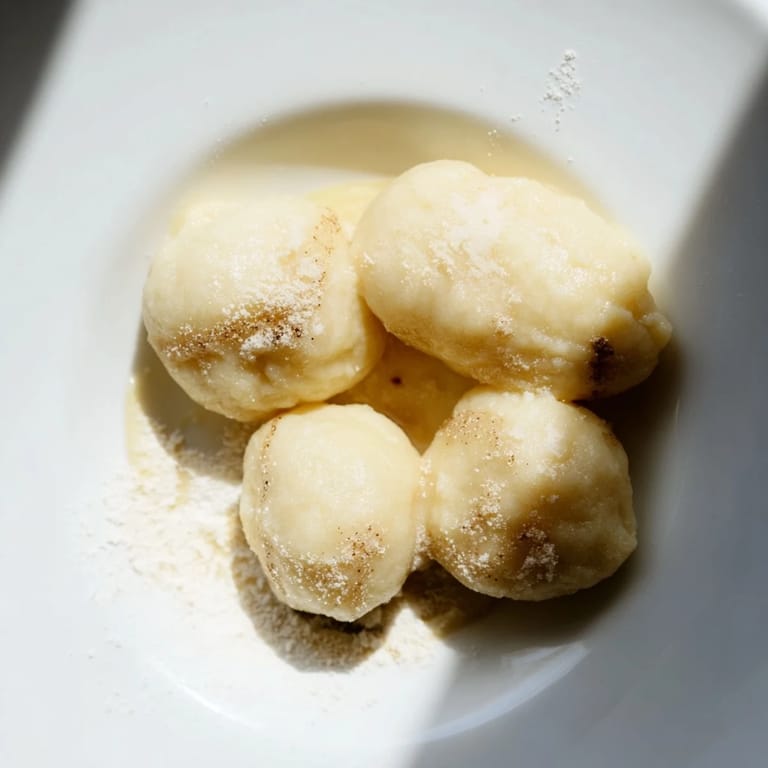 A close-up of tender, airy potato dumplings, showing their light texture and simple ingredients.