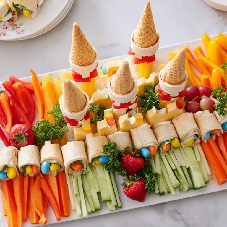Explore this delightful Fairy Tale Castle Platter, a visually stunning vegetarian party spread.