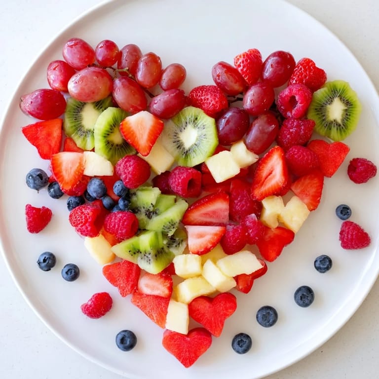 Heart-shaped Sweetheart Fruit Board with juicy watermelon, pineapple, and berries, offering a refreshing visual treat.