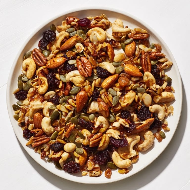 Close-up of the delicious textures in a bowl of homemade Nutty Nosh Squirrel Snack Mix.