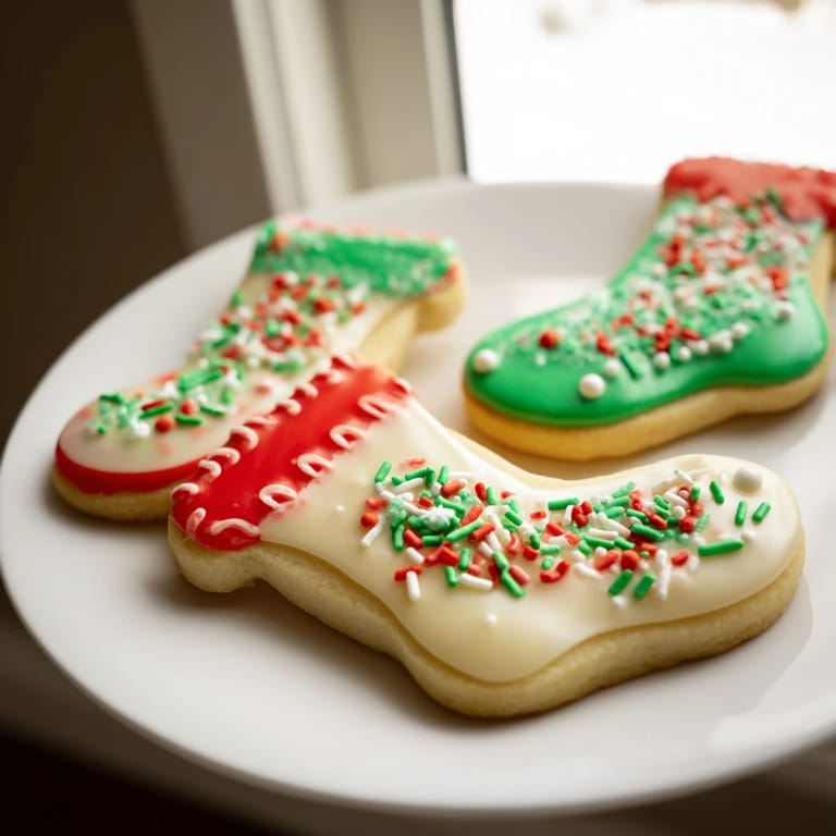 Festive Christmas boot cookies: colorful icing and sprinkles adorn these delightful vanilla-flavored holiday treats.