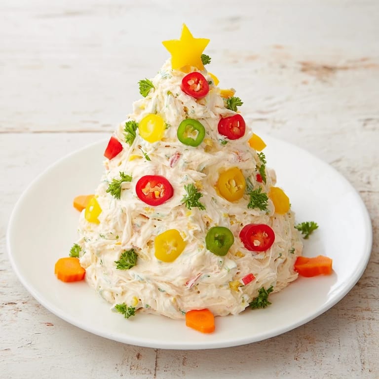 Creamy and vibrant Chili Pepper Christmas Tree Dip, topped with red chili pepper rings and bell peppers.