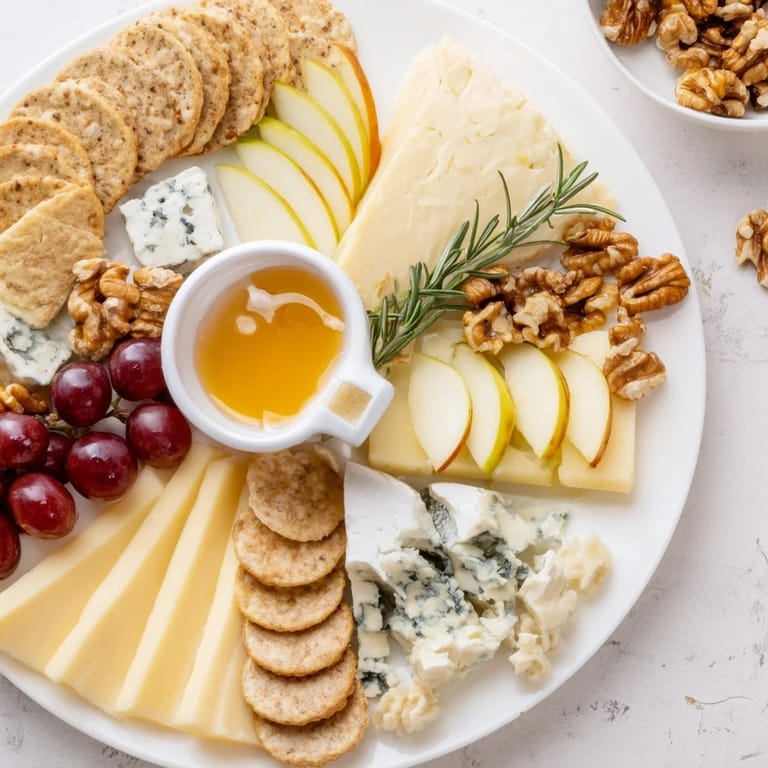 Elegant cheese plate, featuring brie, cheddar, and blue cheese, perfect for a party appetizer.