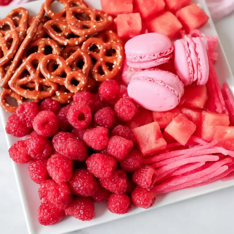 Colorful baby reveal snack board assortment: Pretzels, fruit, and snacks, perfect for a baby shower.