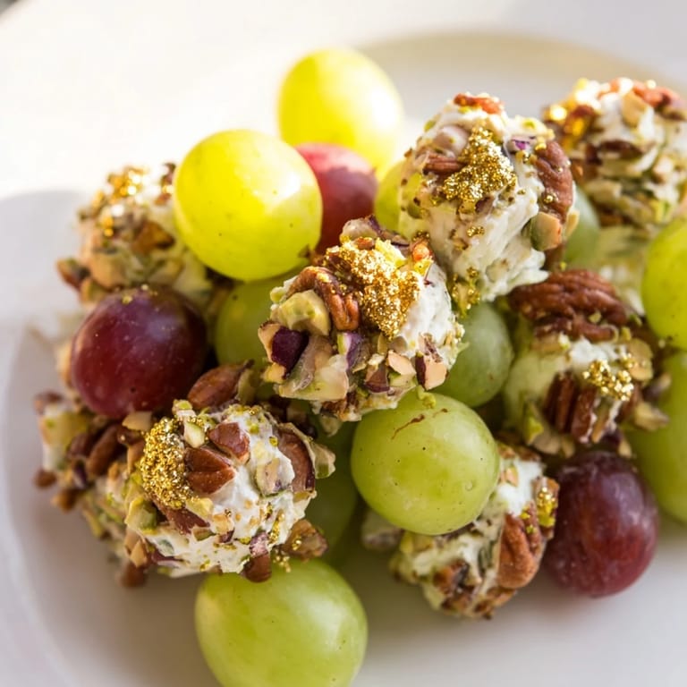Festive Sparkling Grape Cluster Appetizer; a close-up shows grapes lavishly coated in cheese and chopped nuts.