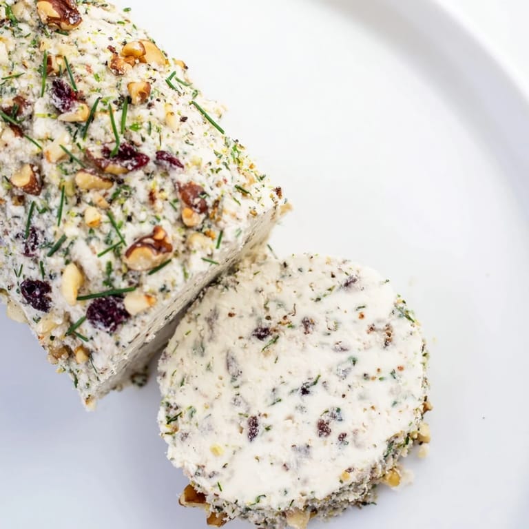 Close-up of a festive Winter Snowdrift Goat Cheese Log, showcasing the creamy texture and cranberry topping.