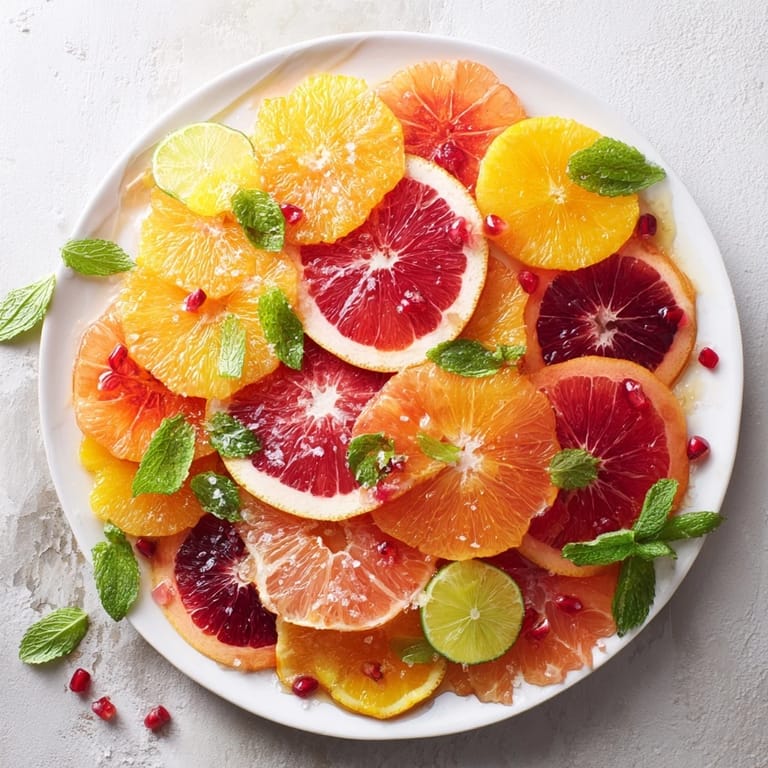 Overlapping citrus fruit slices compose a festive Fruit Board, garnished with mint for a visual treat.