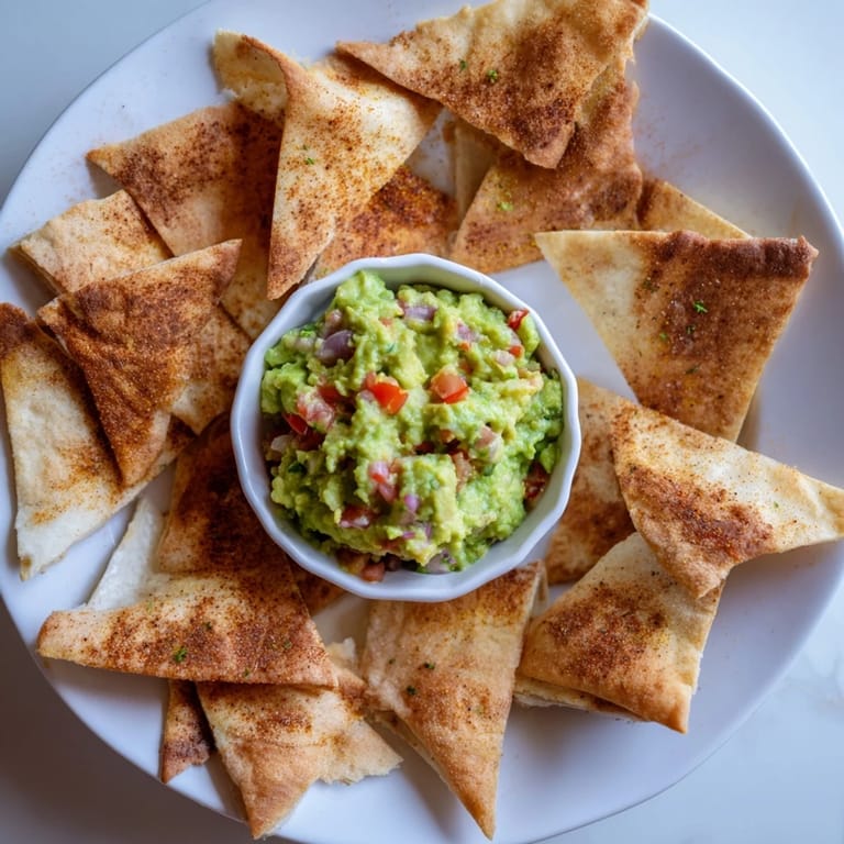 Golden, crispy pita chips surround a vibrant guacamole bowl, ready to dip and enjoy this easy snack.