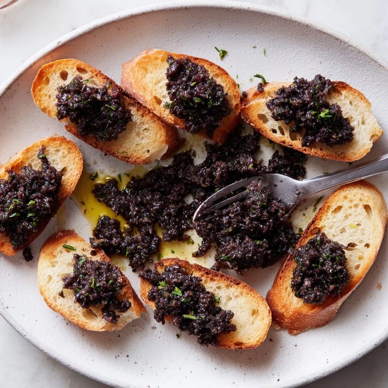 Golden, crunchy crostini topped with vibrant black olive tapenade, ideal for sharing.