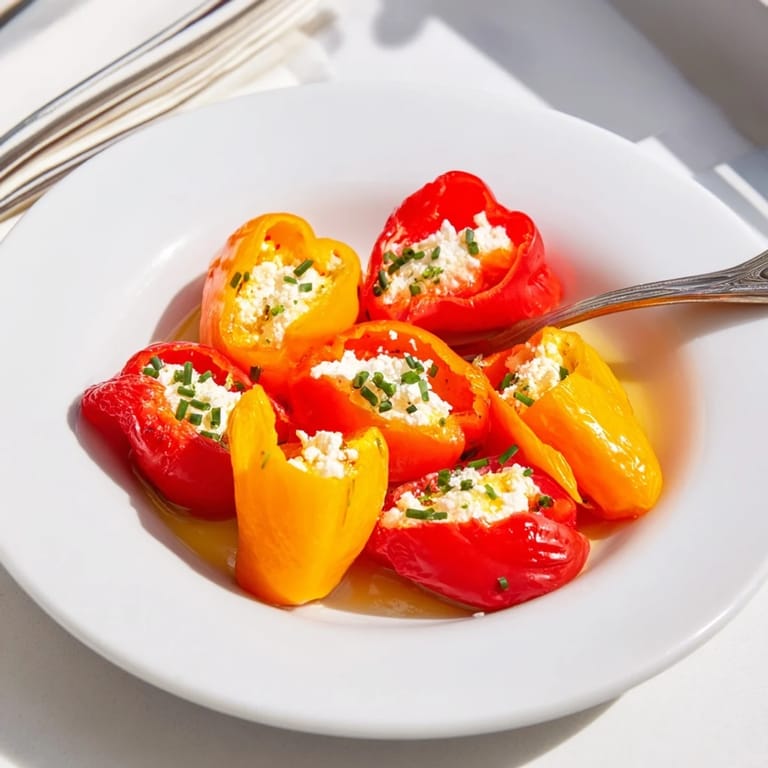 Close-up of feta-stuffed mini bell pepper halves, drizzled with olive oil, a delightful vegetarian treat.