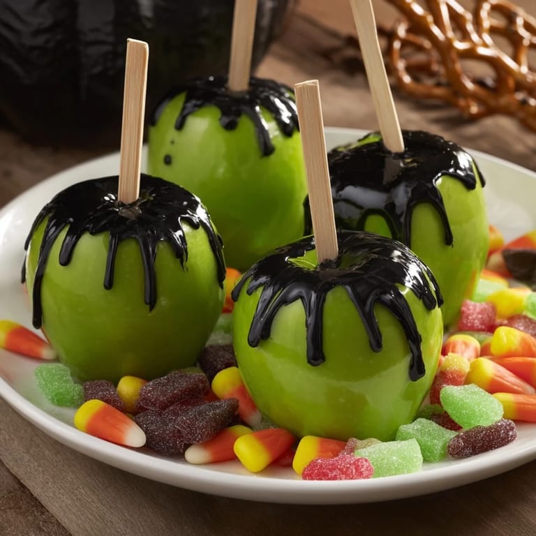 A visually appealing array of homemade poison apples, surrounded by dips and treats, perfect for Halloween.