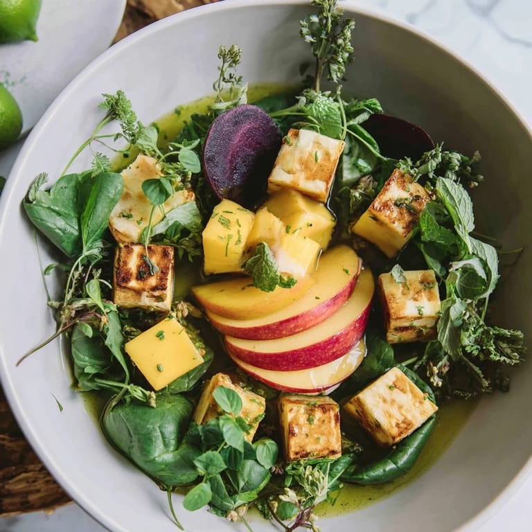 Vibrant image of The Sunlit Glade salad, featuring layered greens and sunny fruit center.