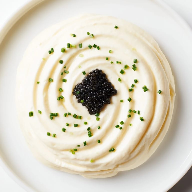 Elegant Diamond Inlay appetizer: creamy whipped cheese, caviar center, and fresh garnish.