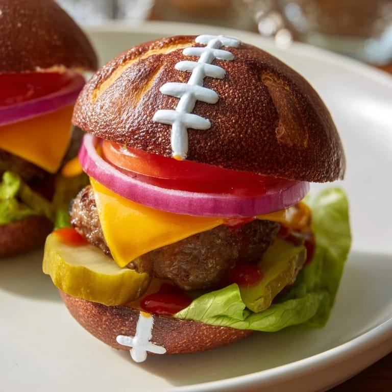 Mini American football burger platter, showcasing juicy patties with melting cheese and fresh garnishes.