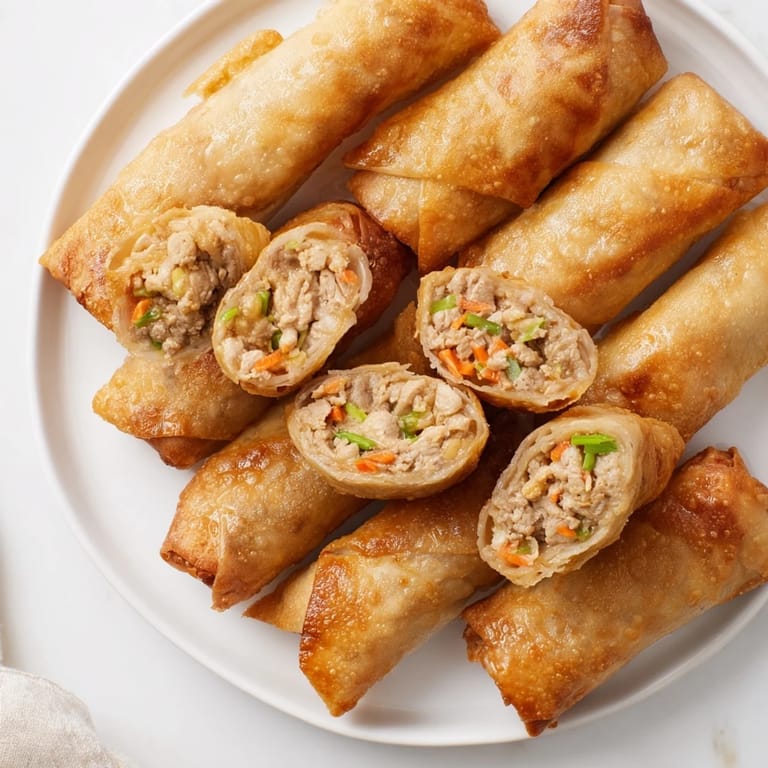 Close-up of crispy, air-fried Air Fryer Chicken Lumpia Bites, perfect for sharing at a party.