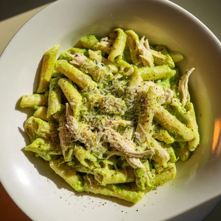 Creamy 10-Minute Pesto Pasta with Chicken, a quick weeknight meal with juicy chicken.