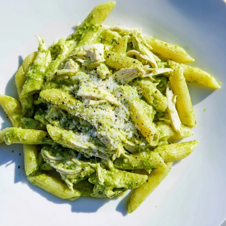 Quick and easy 10-Minute Pesto Pasta with Chicken ready to eat, topped with Parmesan.