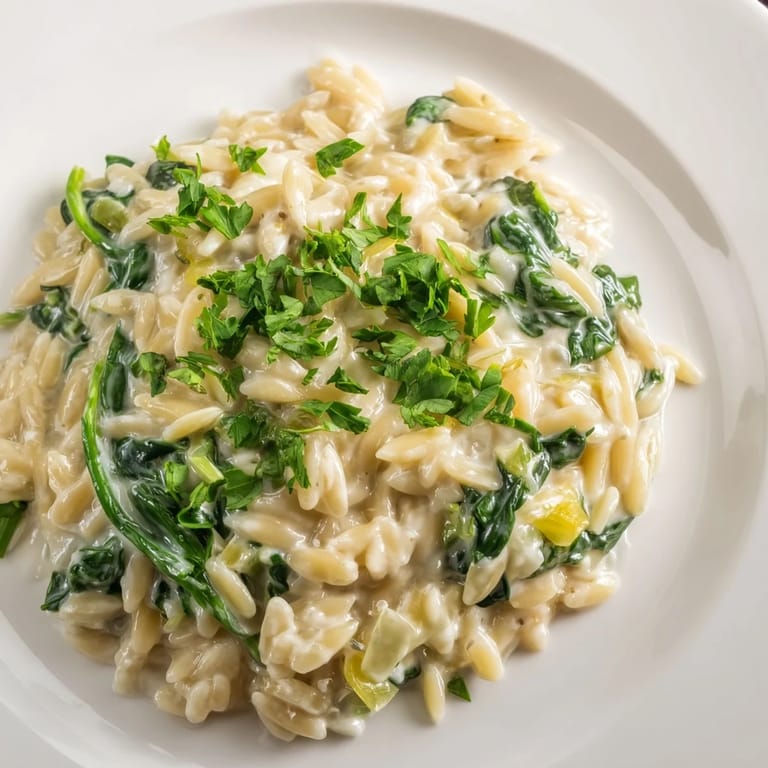 Nahaufnahme von perfekt gekochtem One-Pot Creamy Orzo, angerichtet in einer flachen Schüssel für ein Gericht.