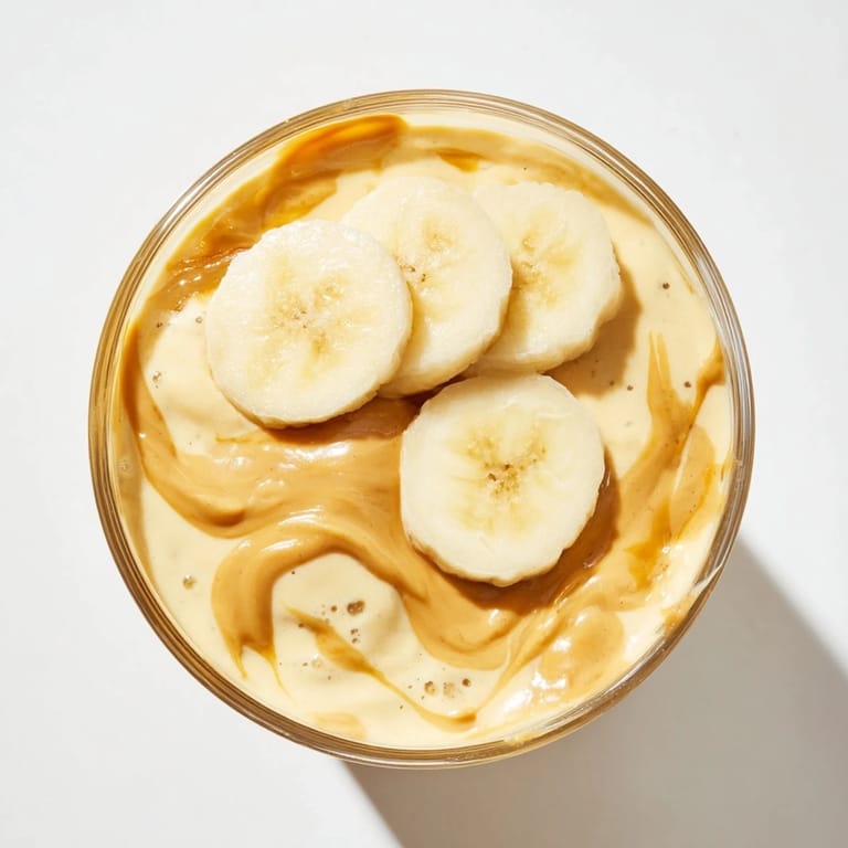Cremiger Peanut Butter Banana Smoothie, serviert in einem hohen Glas, mit frischer Banane dekoriert.