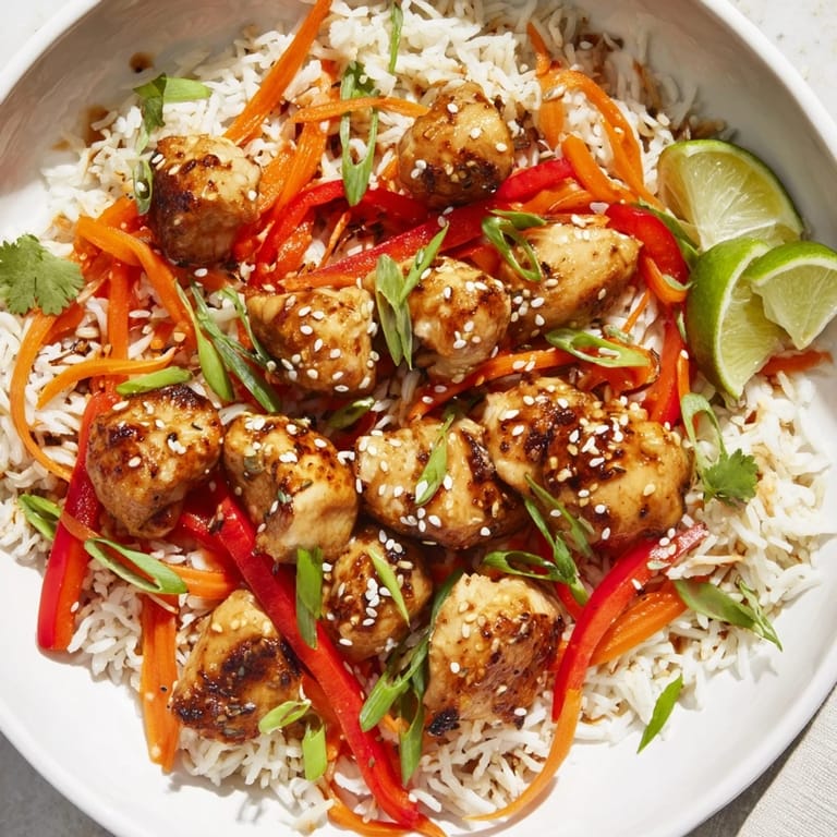 Eine Nahaufnahme der köstlichen Sesame-Ginger Rice Bowl, garniert mit frischem Koriander und Sesam.