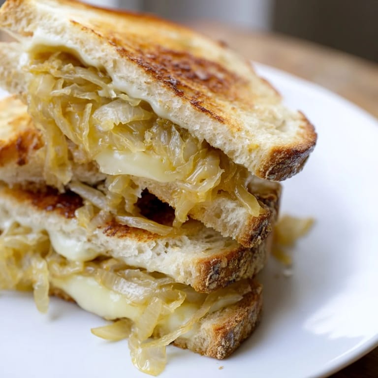 A delicious close-up of a Caramelized Onion and Gruyère Grilled Cheese sandwich, perfect for a cozy lunch.