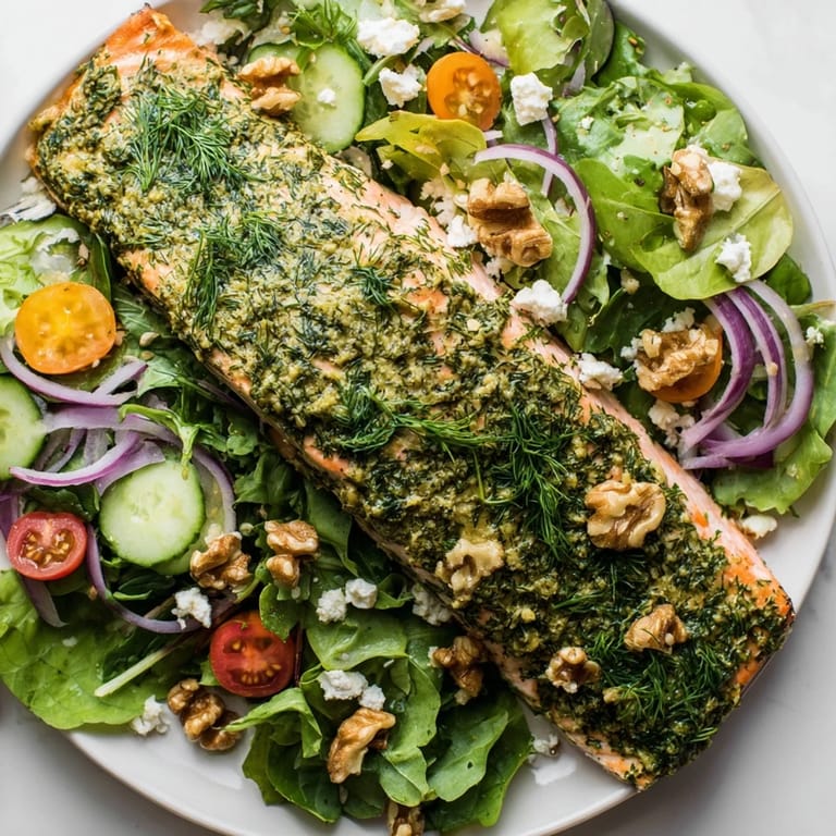 A close-up shot of a plate of herb-crusted salmon, ready to enjoy with a tangy vinaigrette.