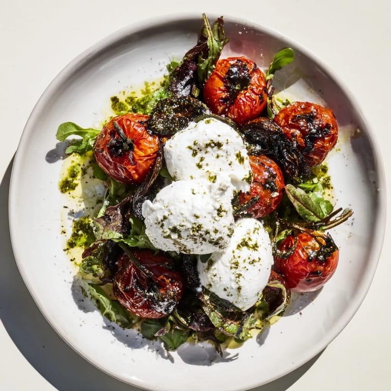 This simple, beautiful charred tomato salad with burrata offers fresh flavors, drizzled with basil oil.