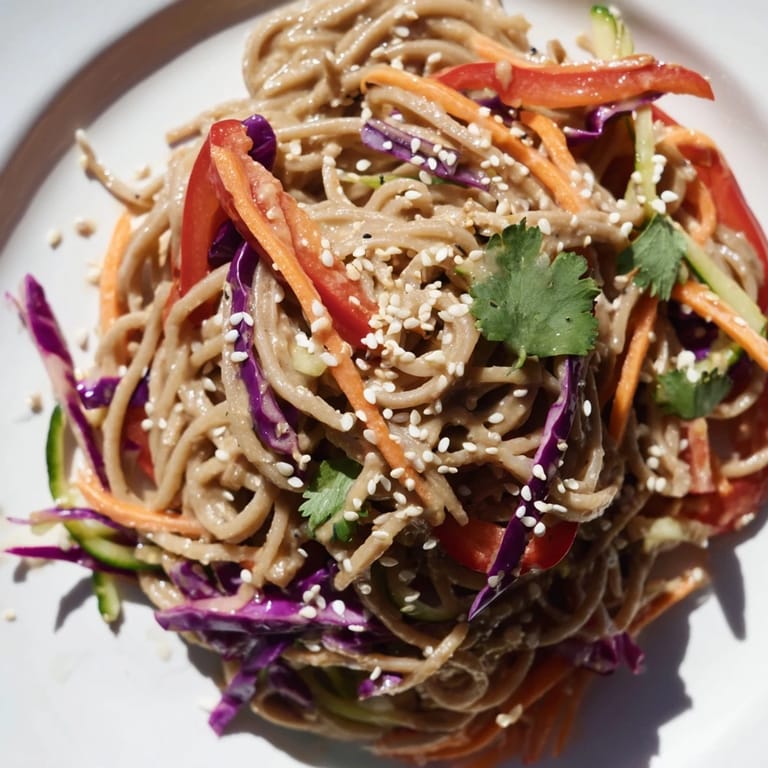 A bowl of delicious soba noodle salad, ready to eat, topped with fresh cilantro and sesame seeds.